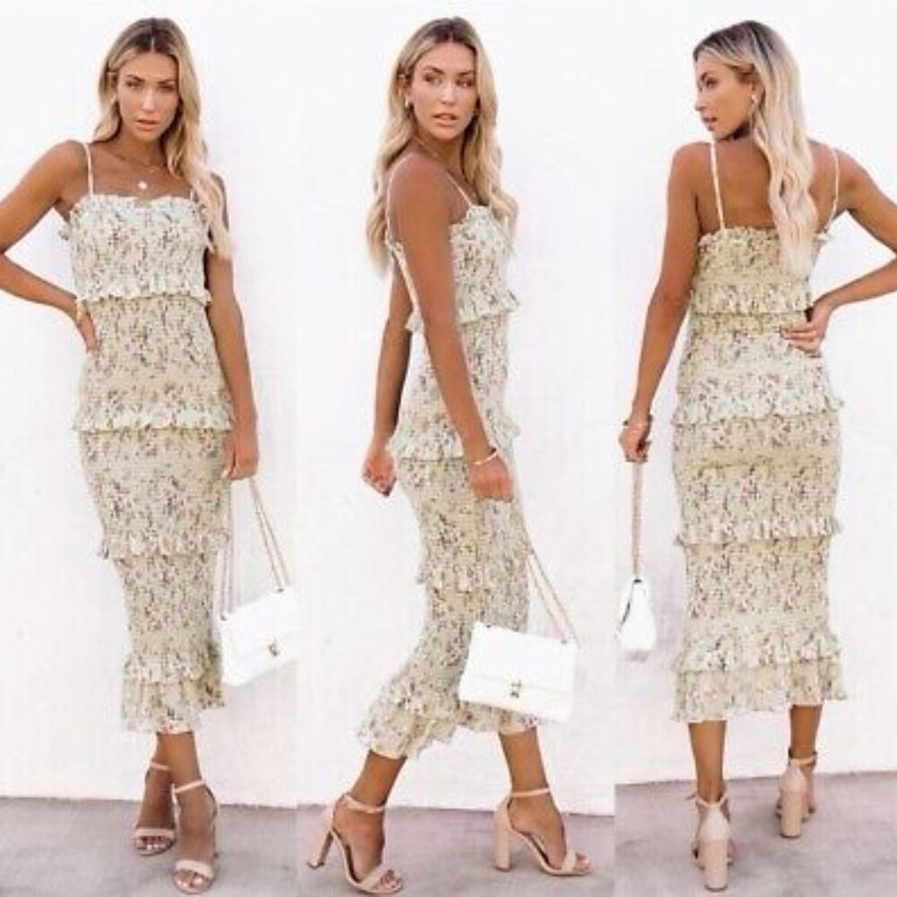 VICI Floral Smocked Ruffle Midi Dress - Sage - Small